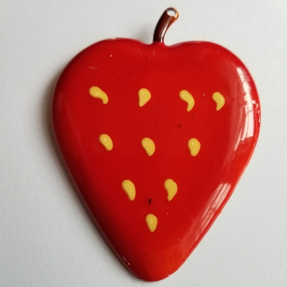 Hand Crafted Jewelry - Strawberry brooch painted metal enamel red pin fruit